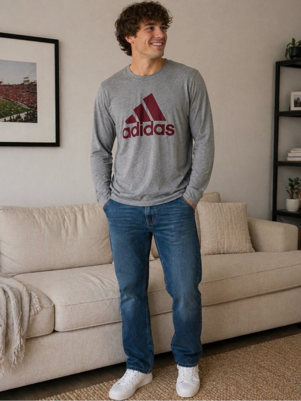 adidas Gray Long Sleeve Tee with Maroon Logo